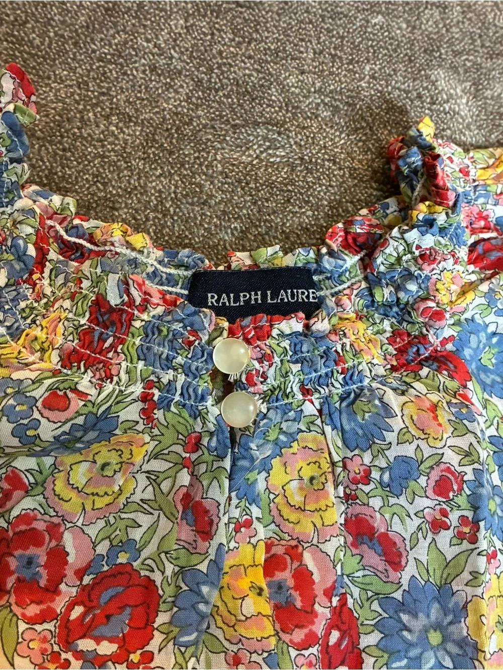 Ralph Lauren Multicolor Floral Peasant Blouse Gathered Neck Size 6 Cotton Garden